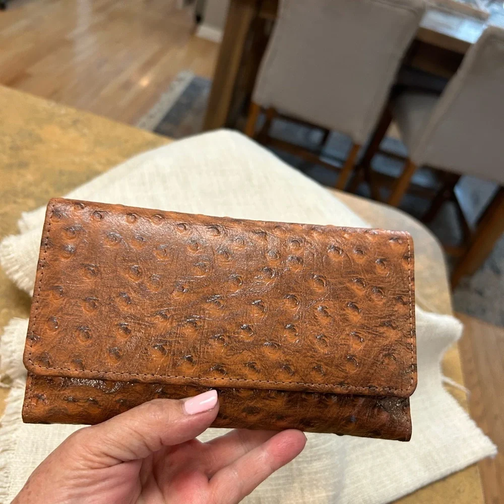 Brown Ostrich-Embossed Leather Wallet